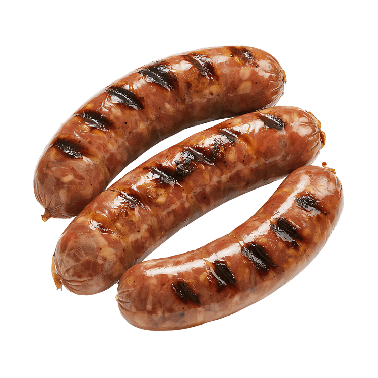 Three delicious grilled sausages, perfect for a barbecue.