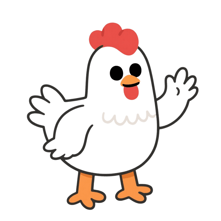 Cartoon chicken waving hello with friendly gesture
