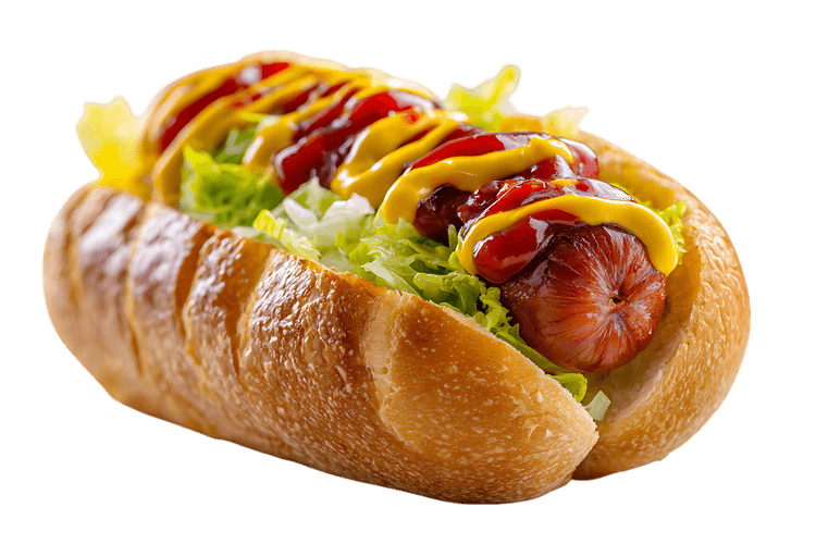 Juicy hot dog with mustard and ketchup.