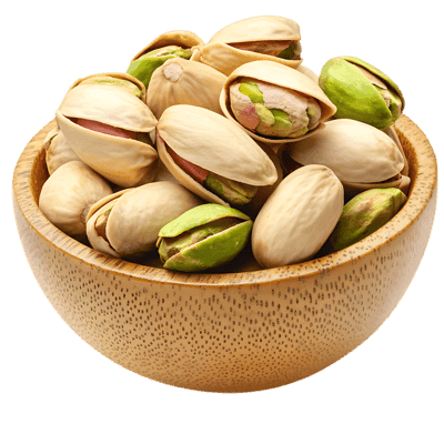 Roasted pistachios in a wooden bowl