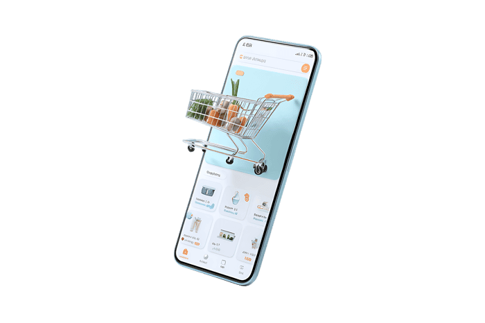 Digital shopping cart emerging from phone screen.