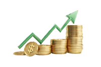 Growing stacks of gold coins with upward green arrow.