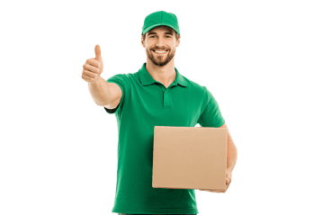 Smiling delivery driver giving thumbs up with a box.