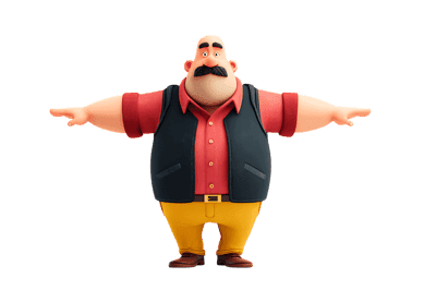 Cartoon man with mustache pointing with outstretched arms