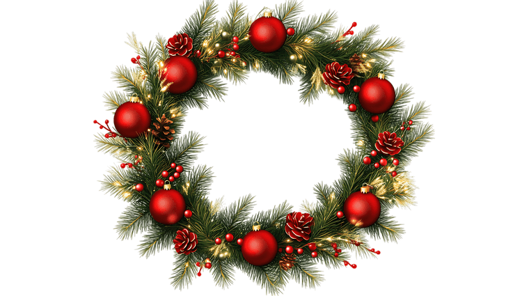 Christmas wreath with red ornaments and pine cones