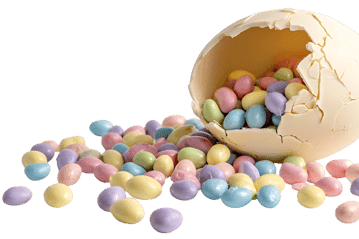 Pastel candies spill from a cracked chocolate egg.