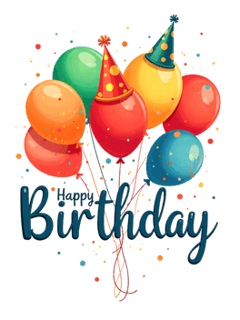 Cheerful 'Happy Birthday' card design with vibrant balloons and party hats on white background