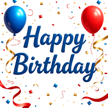 Festive Happy Birthday text with red and blue balloons, colorful confetti, and streamers on white background