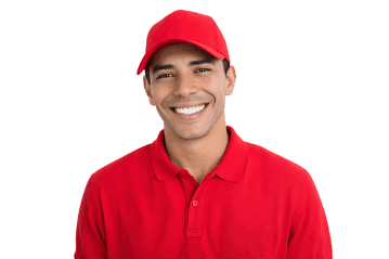 Smiling delivery man in red uniform