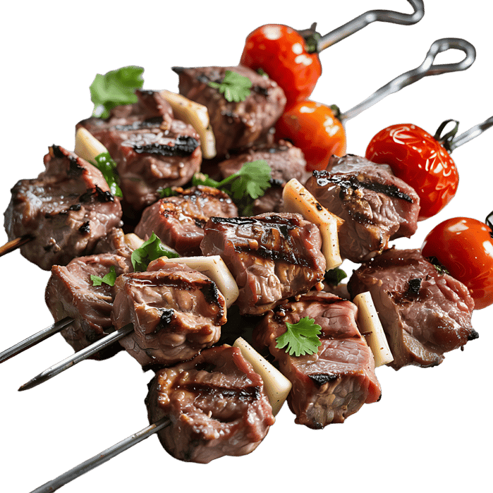 Grilled beef skewers with cherry tomatoes and onions.