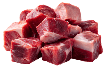Close up of fresh, diced beef cubes.