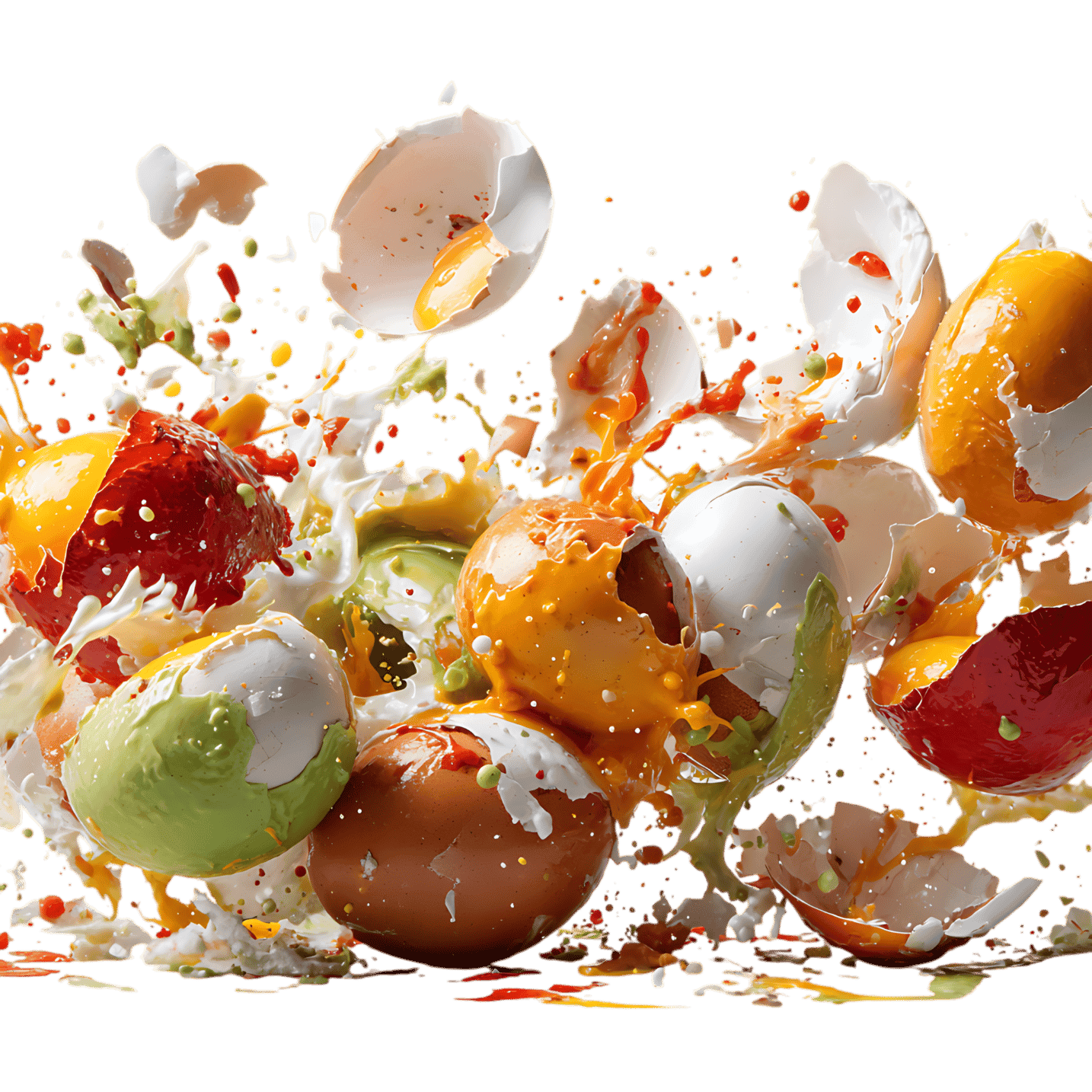 Colorful eggshells burst in a vibrant splash.