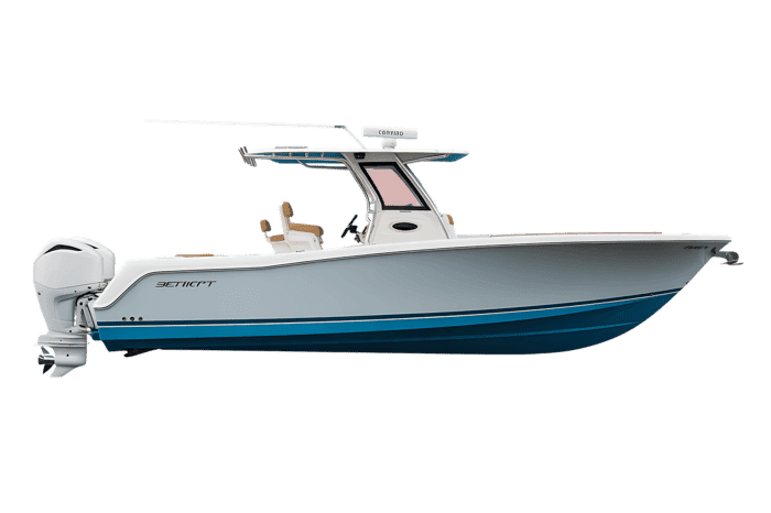 White and blue center console boat on transparent background