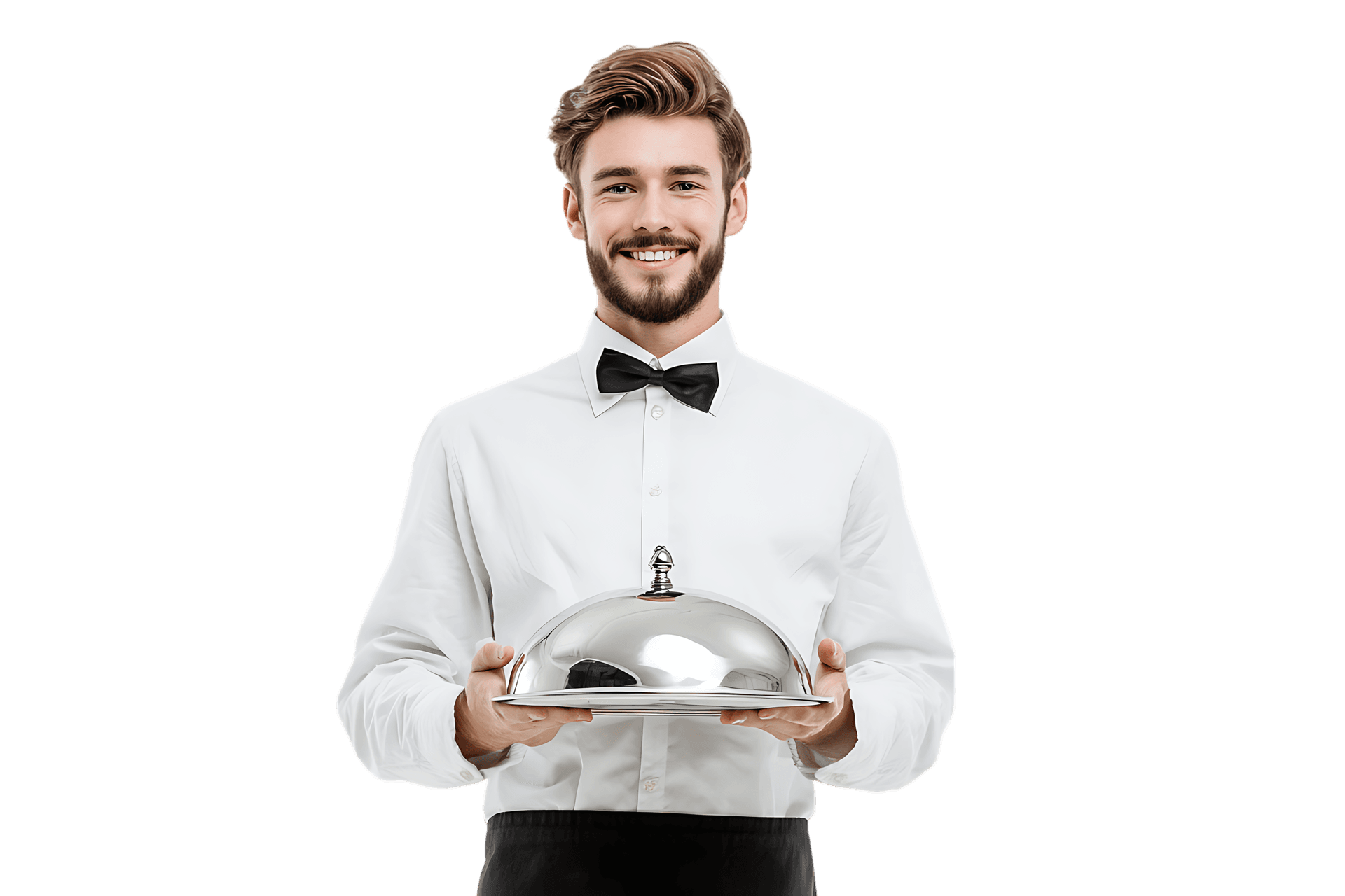 Happy waiter holding a silver food cloche. Restaurant, service, hospitality concept.