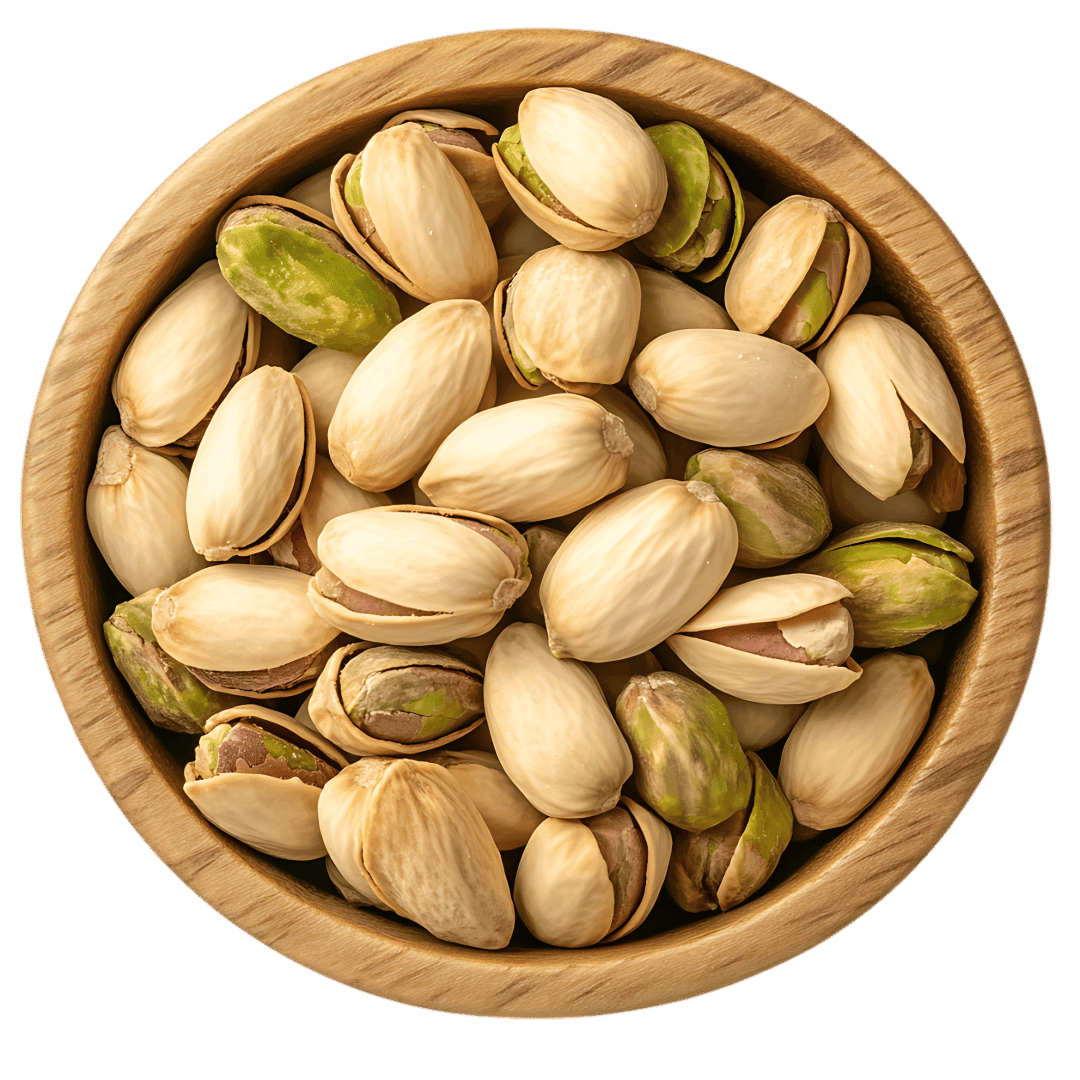 Roasted pistachios in a wooden bowl607