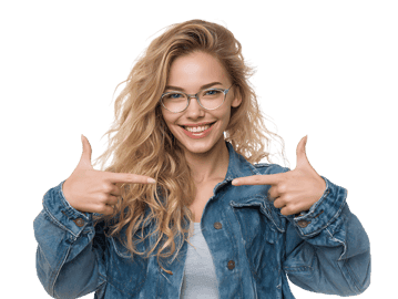 Young woman pointing at herself with a confident smile.