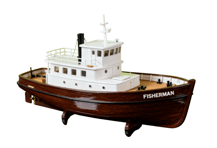 Vintage wooden fishing boat model named fisherman