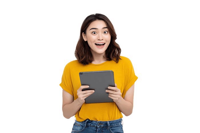 Surprised woman looking at tablet.