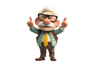 Cartoon old man with glasses pointing upwards