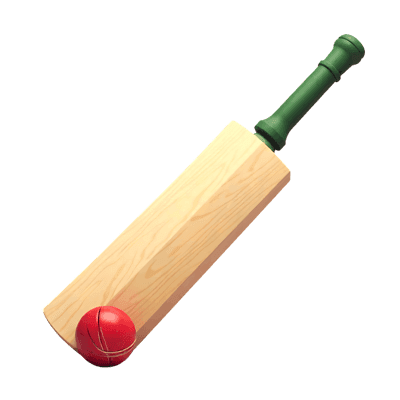 Cricket equipment,  wooden bat with green handle and red ball on white background, essential sports gear