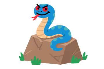 Cartoon snake with red eyes on a rock illustration