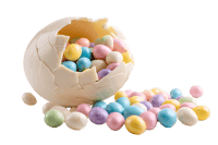 Pastel candy spills from a cracked white chocolate egg.