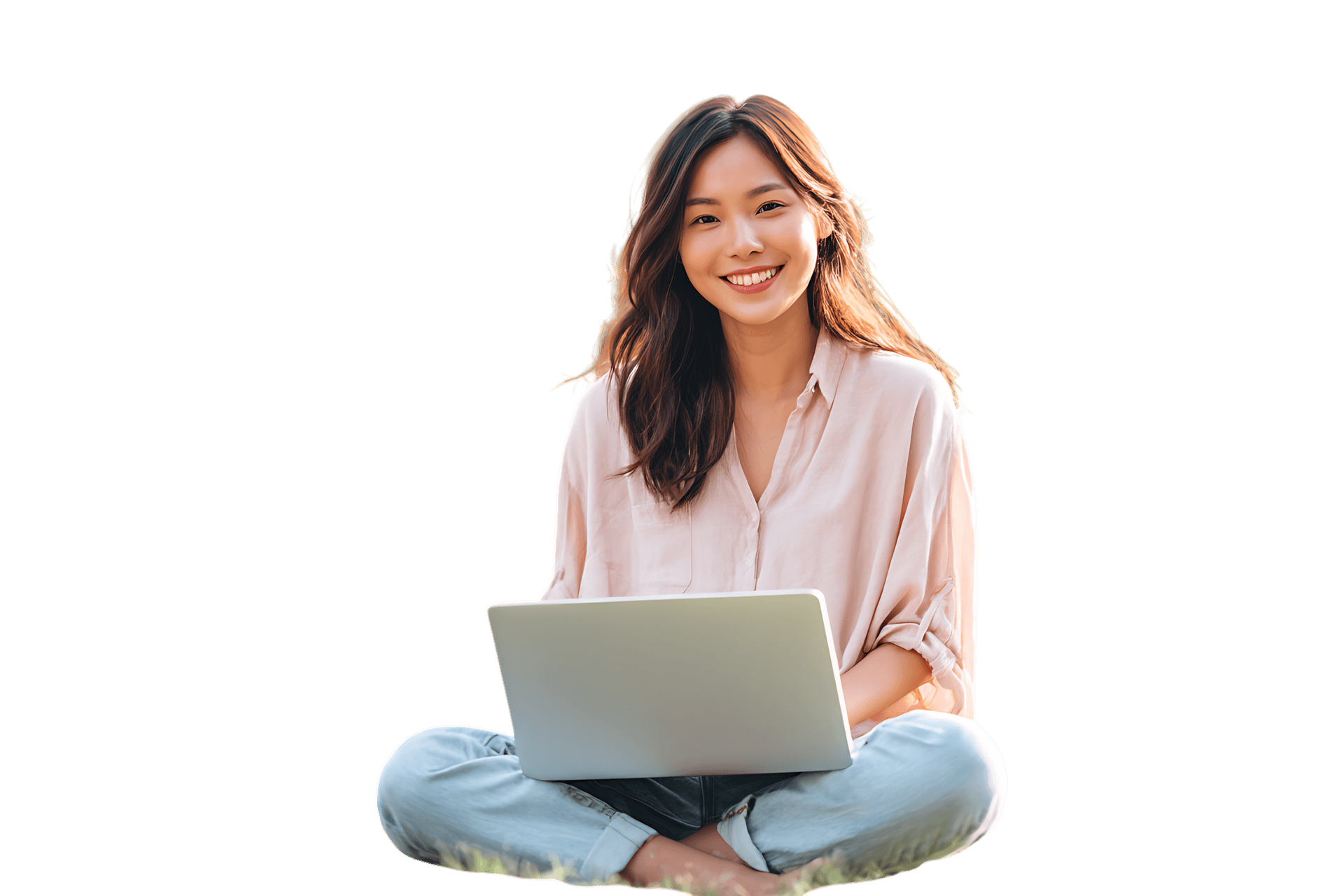 Smiling woman working on laptop outdoors