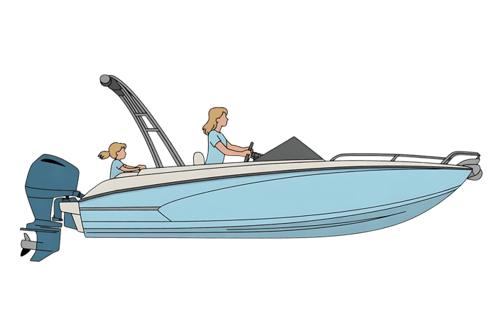 Illustration of a motorboat with two people aboard.