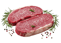 Two raw steaks seasoned with salt and rosemary.