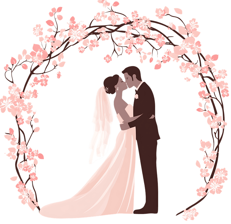 Silhouette of bride and groom kissing under cherry blossom arch