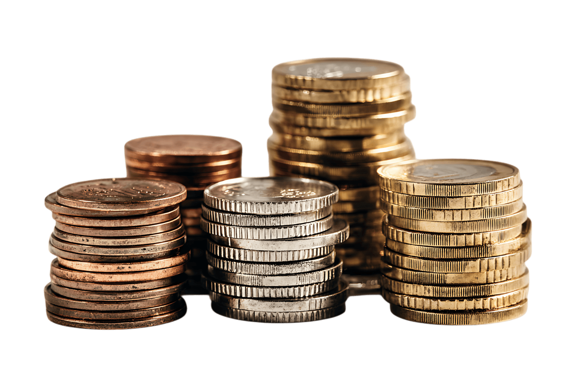 Close up of various coins stacked high, illustrating wealth, finance, or savings.