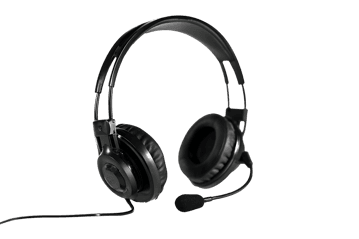 Black wired headphones with microphone, isolated on black background