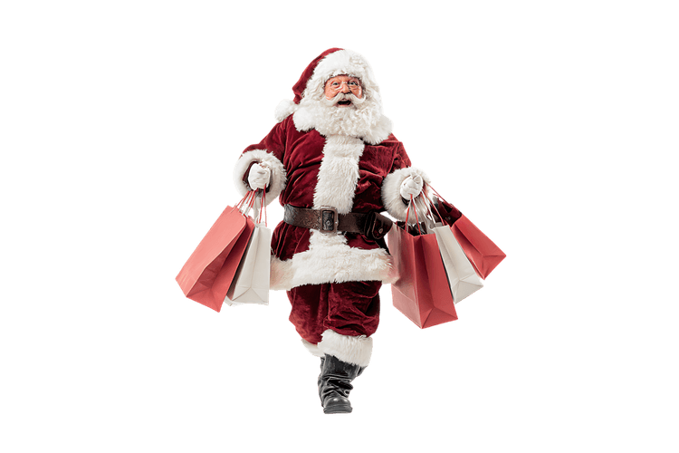 Jolly Santa Claus carrying shopping bags, Christmas shopping concept.