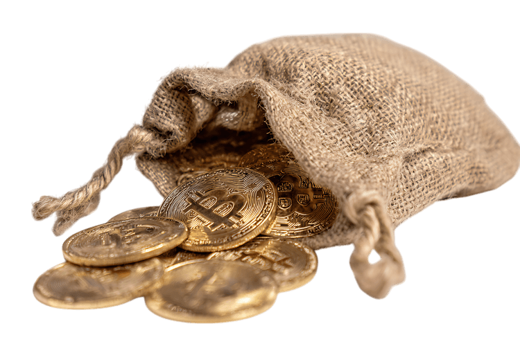 Gold Bitcoin coins spilling from a burlap sack.