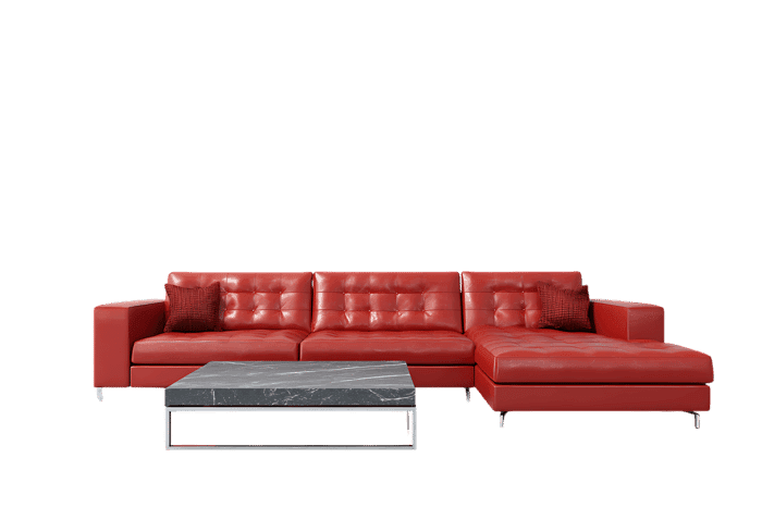 Modern red leather sectional sofa and coffee table