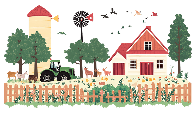 Charming farm illustration with animals, house, and tractor.