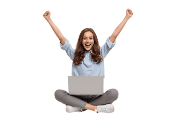 Excited young woman celebrating success on laptop