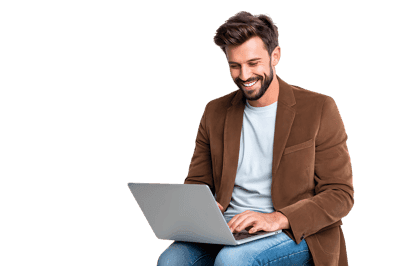 Happy man using laptop, online work, success, freelance.