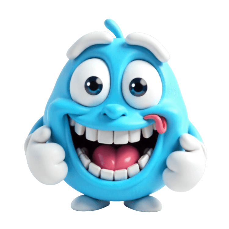 Happy blue cartoon character with a big smile and tongue