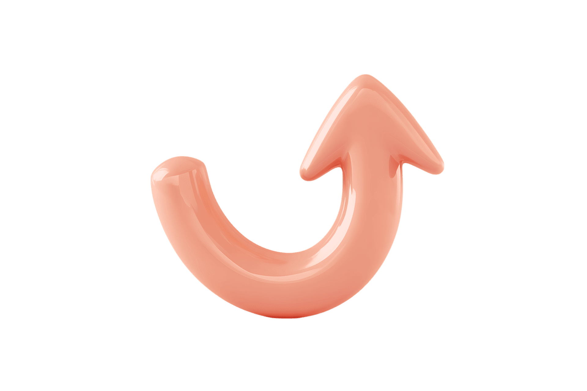 Peach colored 3D curved arrow pointing upward.  Growth, progress, navigation.