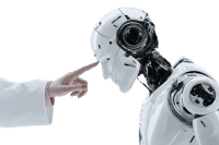 Human hand pointing at a robot's head. AI, technology, future concept.