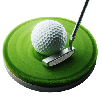 Golf ball and putter on putting green.