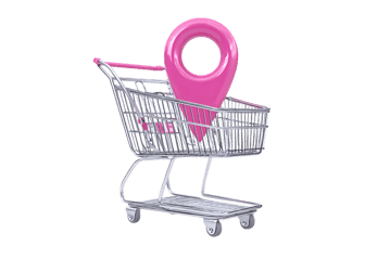 Pink map pointer in a shopping cart, online shopping, geolocation