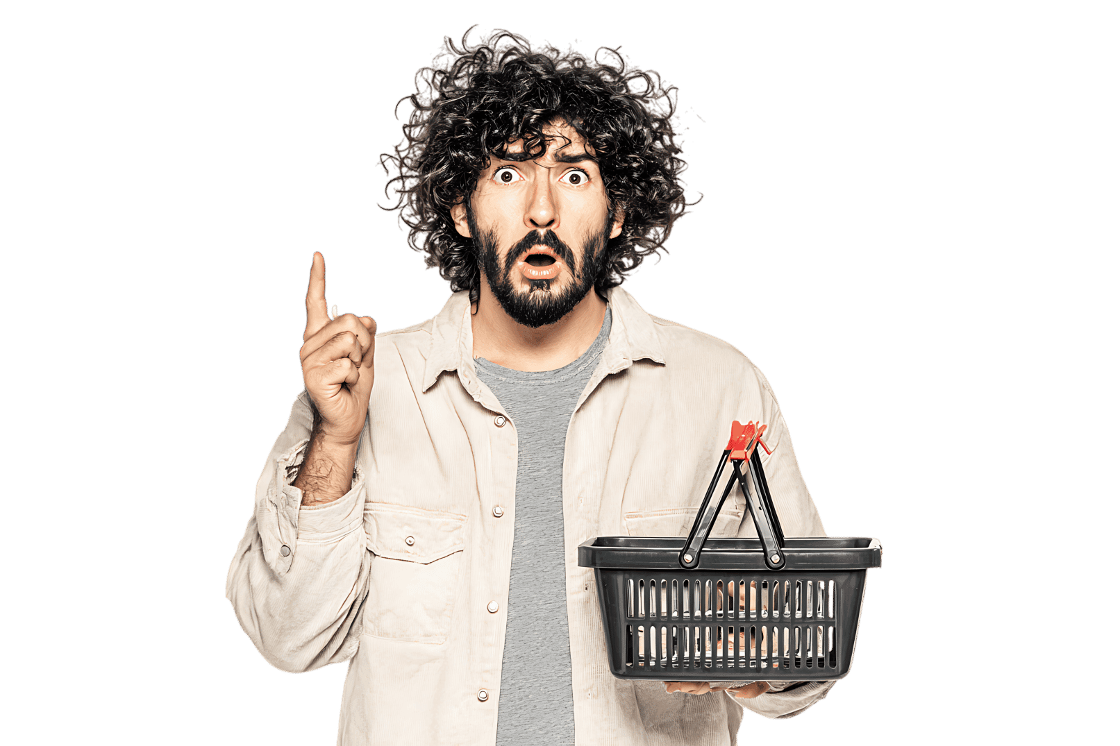 Surprised man holding empty shopping basket, great for online shopping, consumerism, or retail concepts.