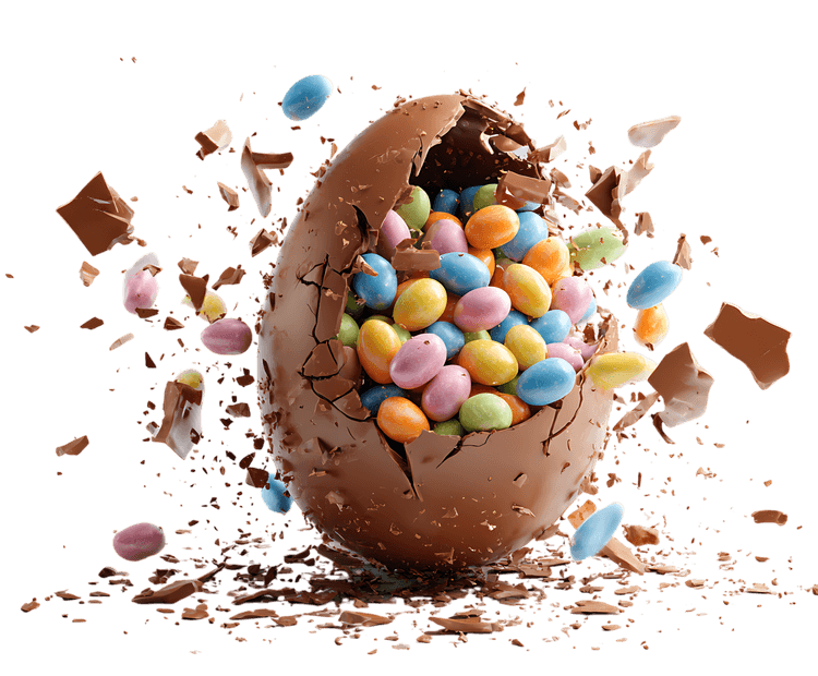 Chocolate egg explodes, revealing colorful candy908.