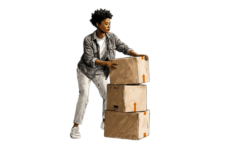 Young woman stacking cardboard boxes.