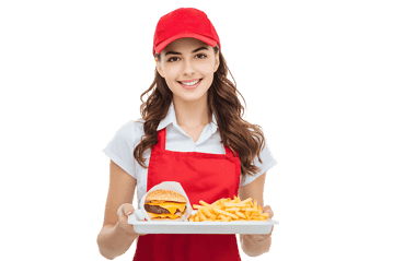 Happy waitress holding a tray with cheeseburger and french fries.