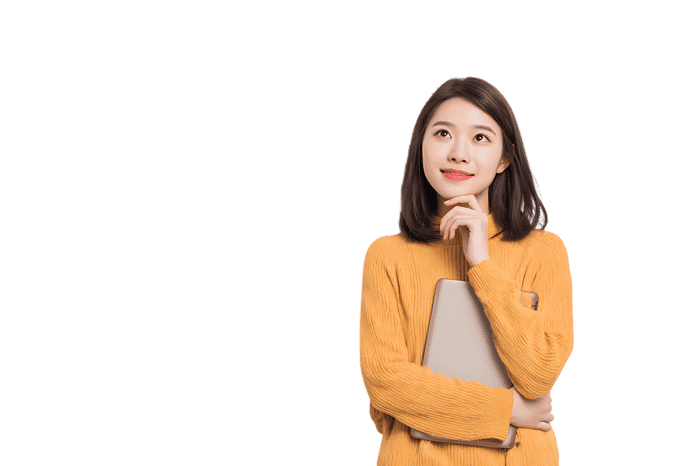 Young woman in yellow sweater, thoughtfully looking up.