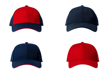 Four baseball caps, two red and two navy blue, isolated on black background. Perfect for mockup.