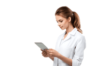 Focused female doctor using a digital tablet. Healthcare technology, medical app, online consultation.